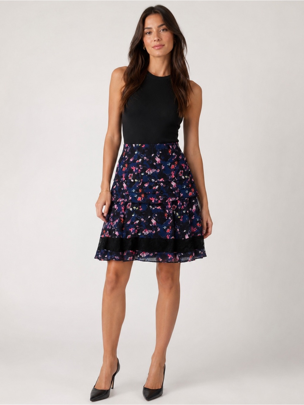 Jason Wu Navy A-Line Floral Tiered Skirt with Pink Accents